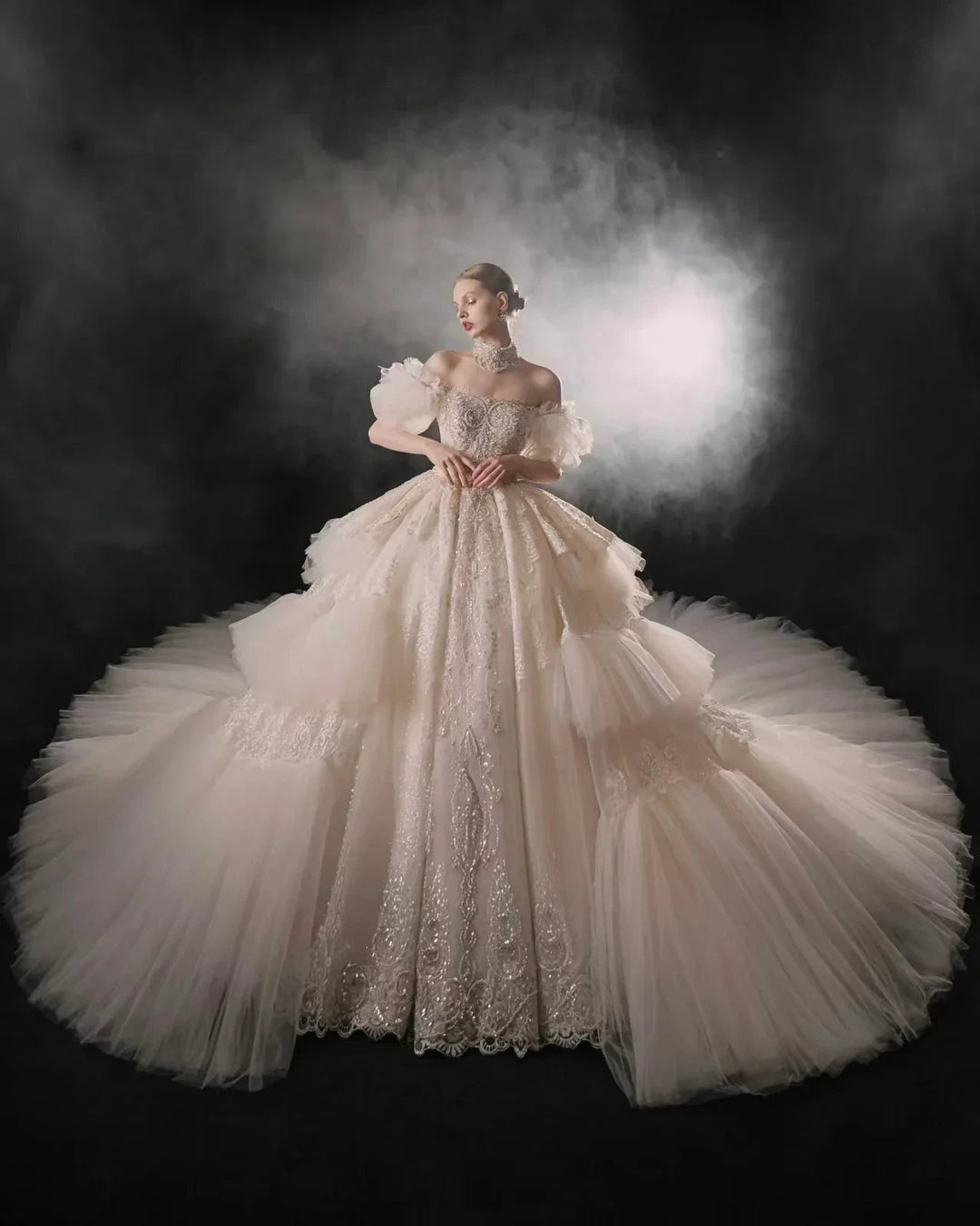 Opulent Off-the-Shoulder Ball Gown Tulle Puff Sleeve Beaded Lace Wedding Dress with Layered Ruffled Train &amp; Choker Q6001 by ZAPDRESS