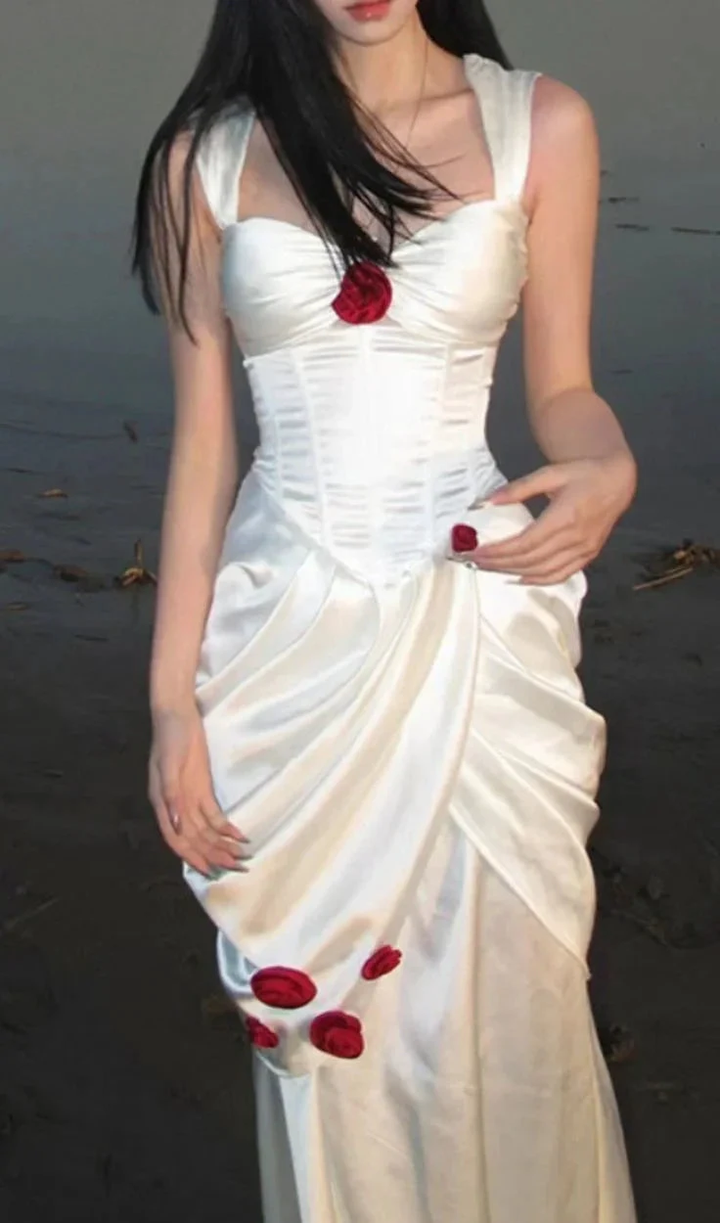 Elegant White Satin Flowers Evening Dress Long Prom Dress Wedding Dress Y7461 by simplepromdress
