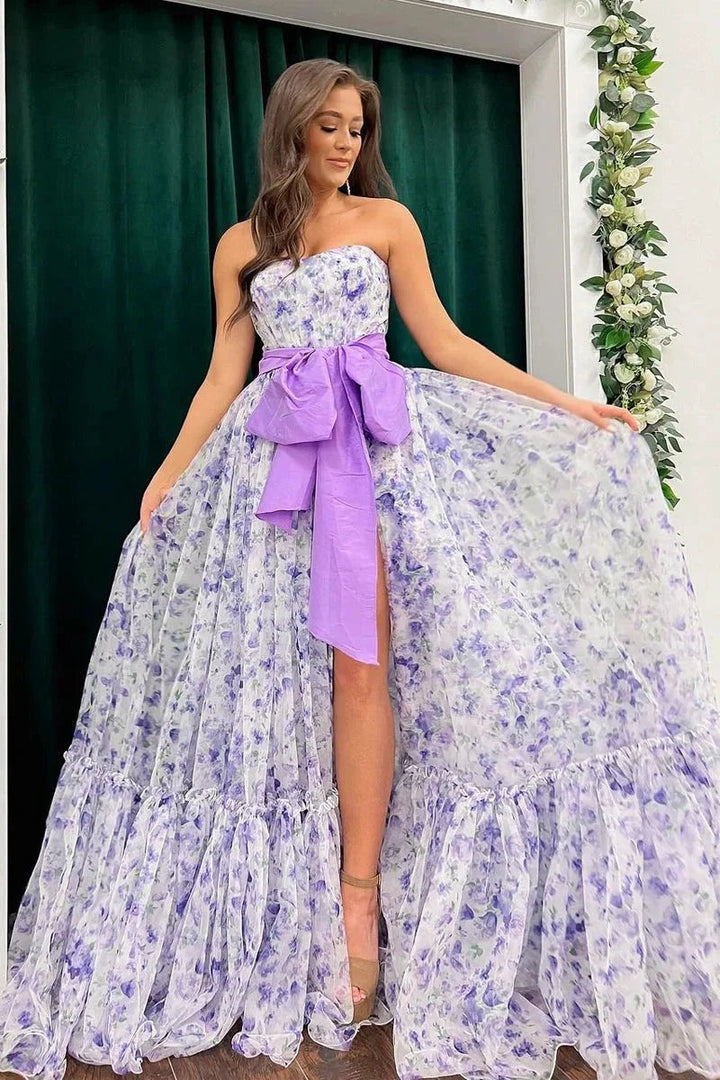 Chic Floral Printed Chiffon Strapless Long Prom Dresses with Slit by Kissprom