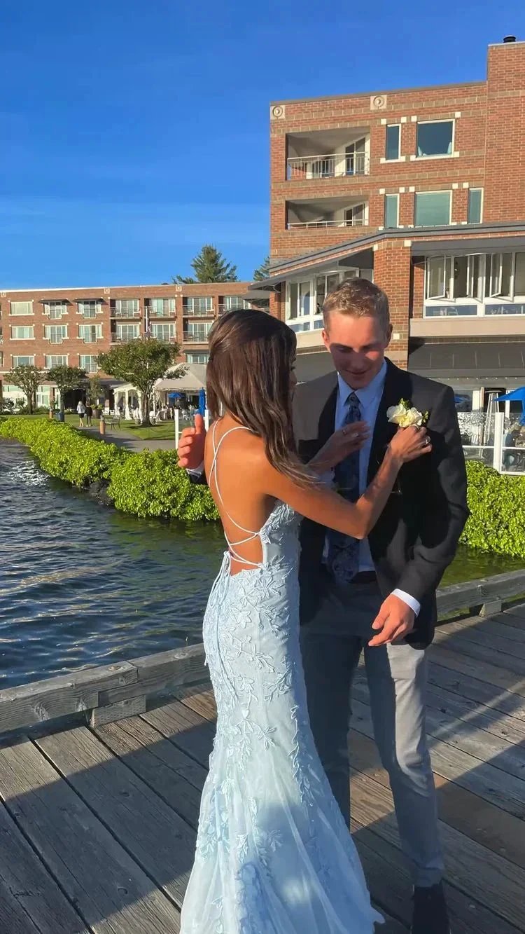 Mermaid Long Baby Blue Lace Prom Dresses Spaghetti Straps Evening Dress Y1733 by simplepromdress