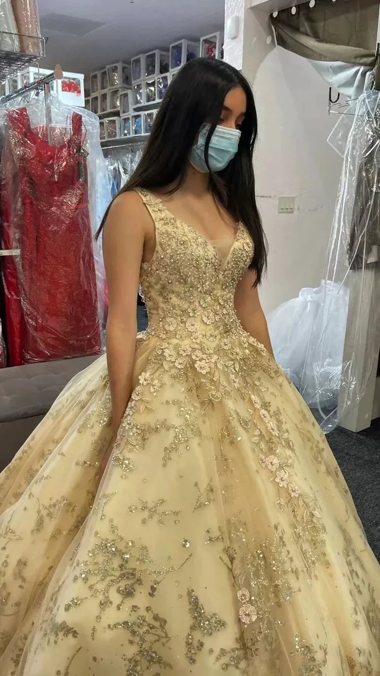 Luxurious Champagne V Neck Quinceanera Dress Princess Dress Champagne Ball Gown Y593 by simplepromdress