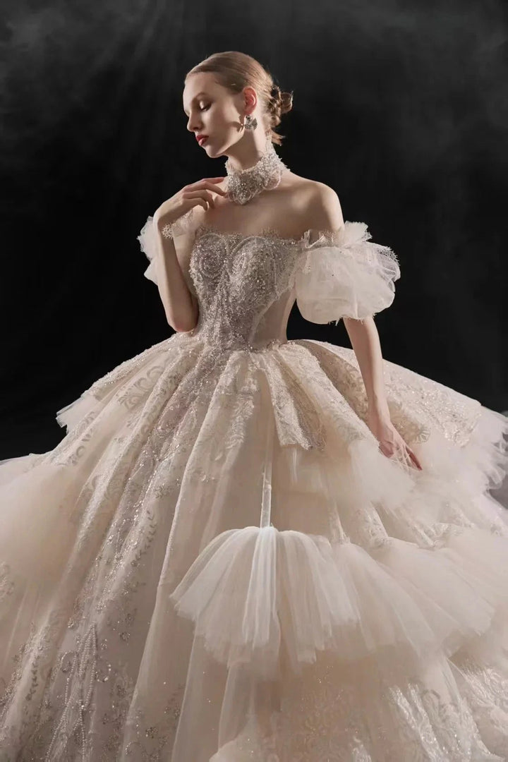 Opulent Off-the-Shoulder Ball Gown Tulle Puff Sleeve Beaded Lace Wedding Dress with Layered Ruffled Train &amp; Choker Q6001 by ZAPDRESS