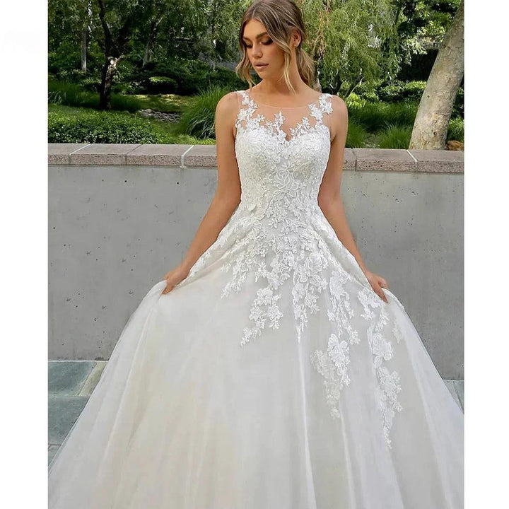Elegant Wedding Dress A-Line O-Neck Tank Lace Appliques Illusion Button Tulle Bride Gown Robe De Mariée Customized by payinti