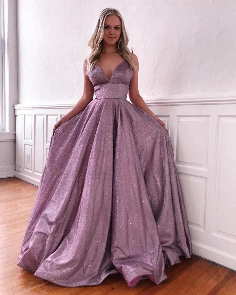 A-line V-neck Sequins Floor Length Evening Dress with Spaghetti Straps by BIZTUNNEL
