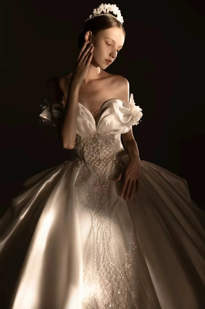 Opulent Ball Gown Off-the-Shoulder Satin Wedding Dress with Sequin Embroidery &amp; Dramatic Train Q6018 by ZAPDRESS
