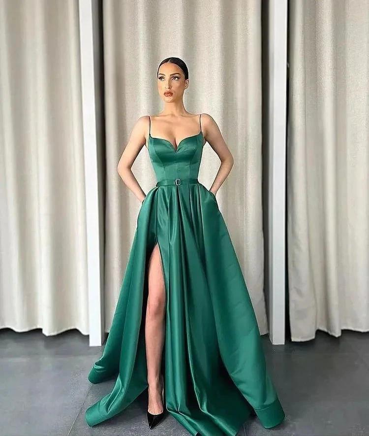 Long A-Line Satin Spaghetti Straps V-Neck Front Slit Prom Dress With Pockets by BIZTUNNEL