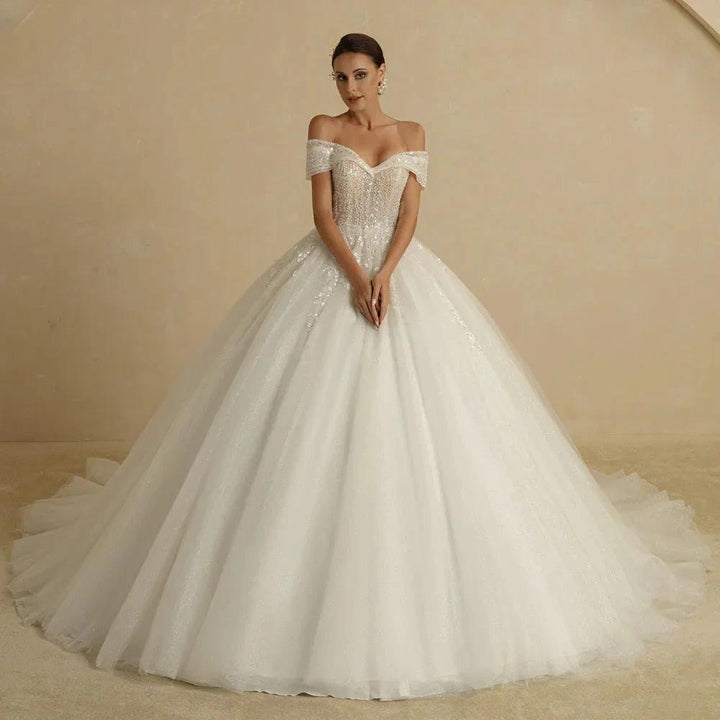 Ivory Beading Princess Wedding Dresses For Bride Off The Shoulder Sleeveless Women Glitter Ball Bridal Gown Robes by payinti