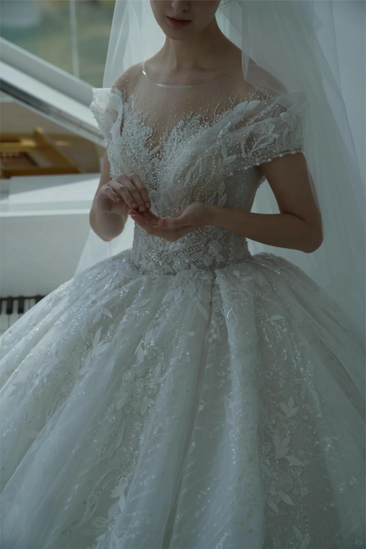 Ethereal Ball Gown Off-the-Shoulder Illusion Lace Wedding Dress with Beaded Embroidery &amp; Cathedral Train M-002 by ZAPDRESS