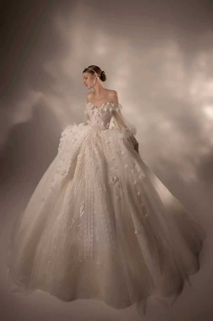 Gorgeous Long Ball Gown Off-the-Shoulder Tulle Wedding Dress with 3D Floral &amp; Crystal Embroidery &amp; Cathedral Train H009 by ZAPDRESS