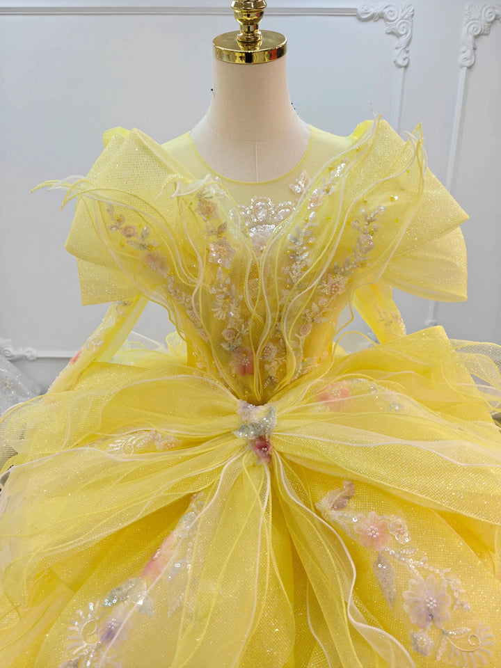 Vibrant Yellow High-Neck Ball Gown Wedding Dress with Ruffled Tulle, 3D Floral Embroidery &amp; Corset Back Ye-2031 by ZAPDRESS