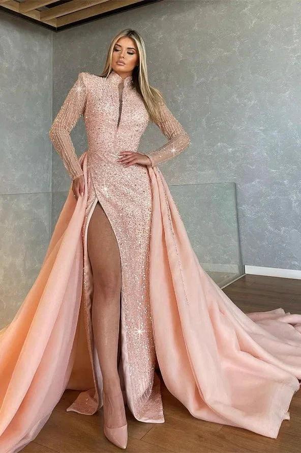 Long Sleeves Mermaid High Neck Sequins Prom Dresses with Slit by BIZTUNNEL