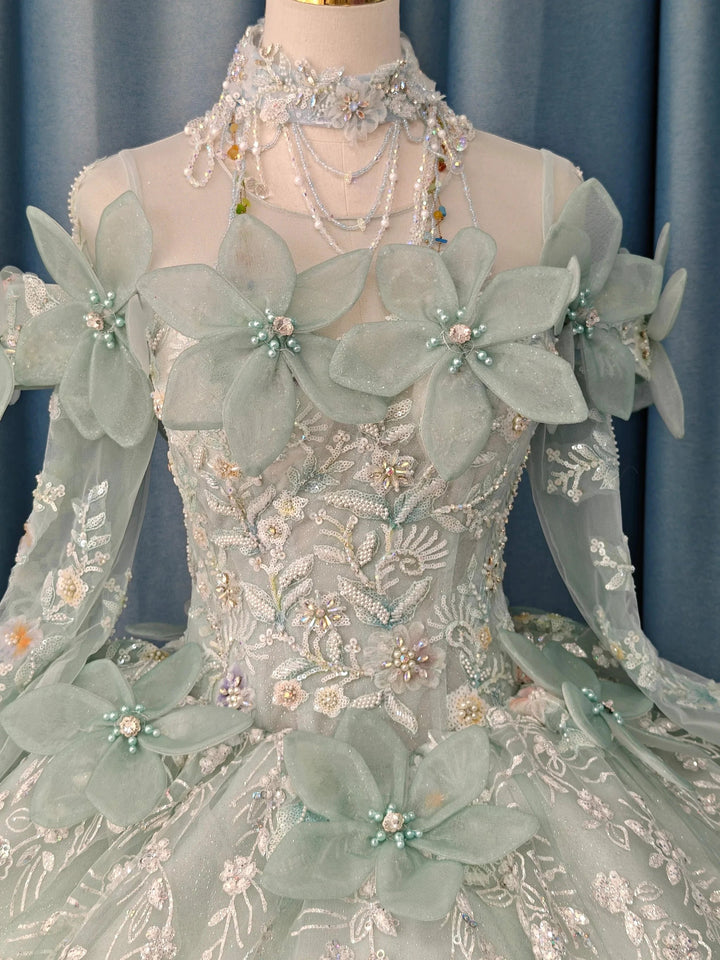 Fairy-Tale Mint Green High-Neck Ball Gown Wedding Dress with 3D Organza Flowers &amp; Crystal Embroidery Ye-2025 by ZAPDRESS