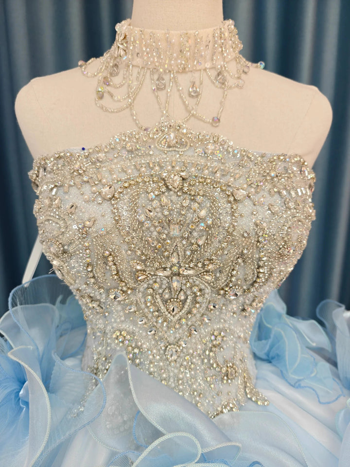 Enchanting Light Blue Strapless Ball Gown Wedding Dress with Crystal Beaded Bodice &amp; 3D Organza Flowers Ye-2024 by ZAPDRESS