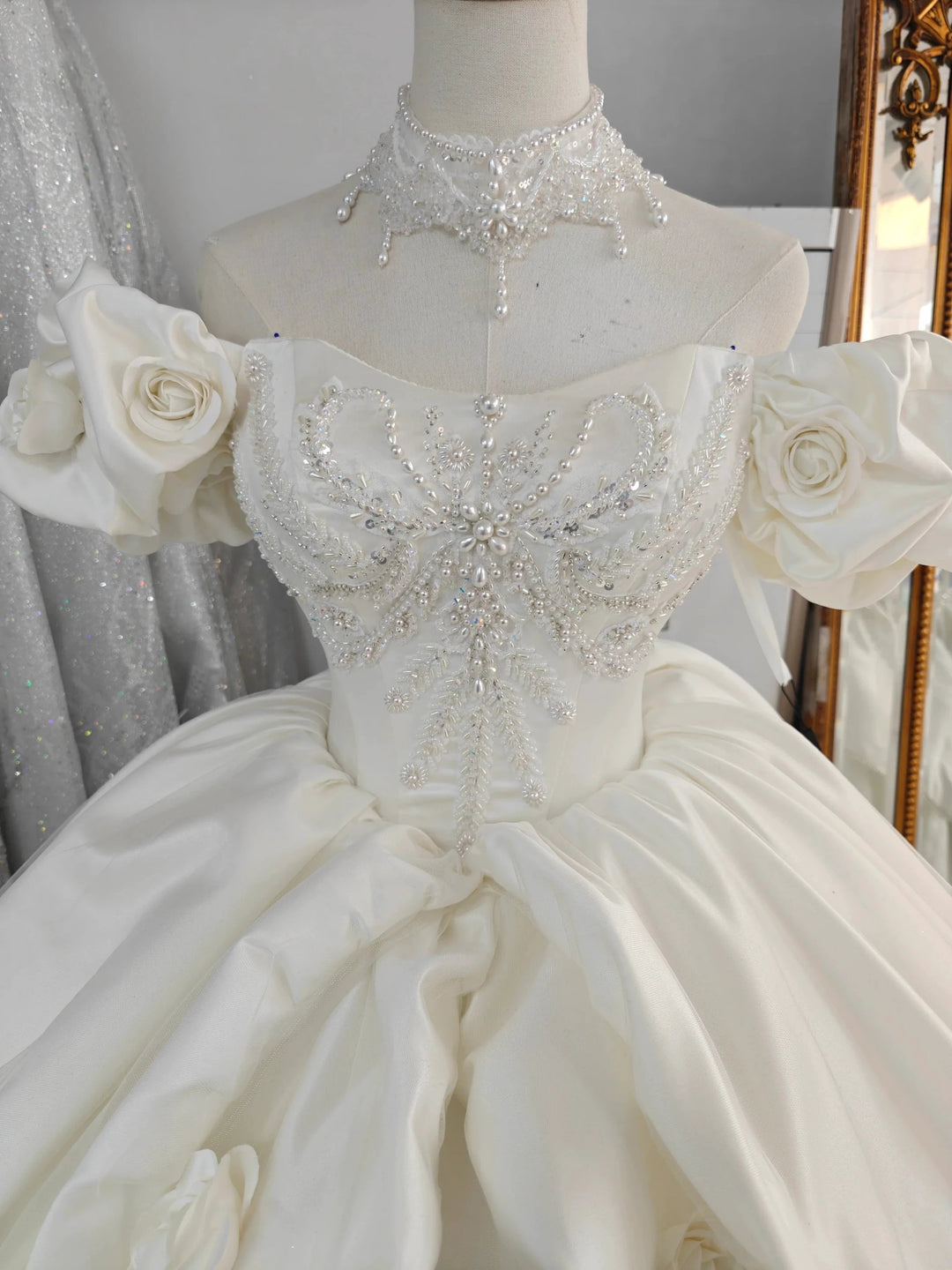 Ivory Rose Off-Shoulder Ballgown Beaded Bust &amp; 3D Flower Skirt by ZAPDRESS