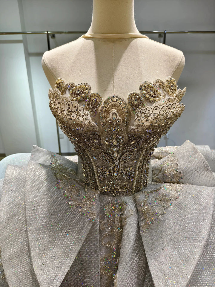 Silver Haze Strapless Ballgown: Gilded Beaded Bust &amp; Ruffled Train by ZAPDRESS