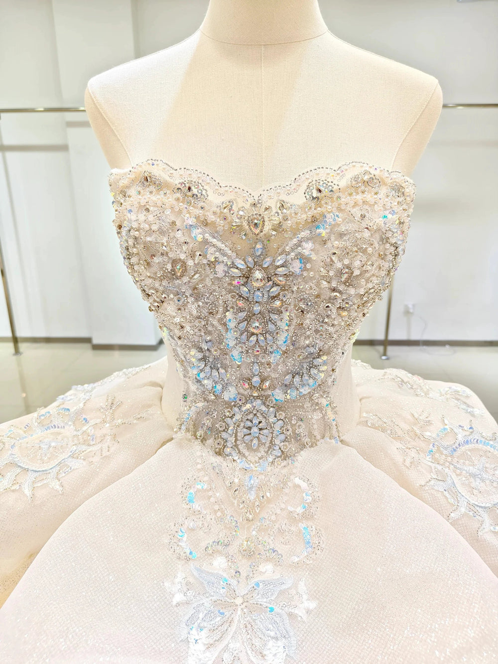 Ivory Glimmer Strapless Ballgown: Iridescent Beaded Bust & Flowing Train by ZAPDRESS