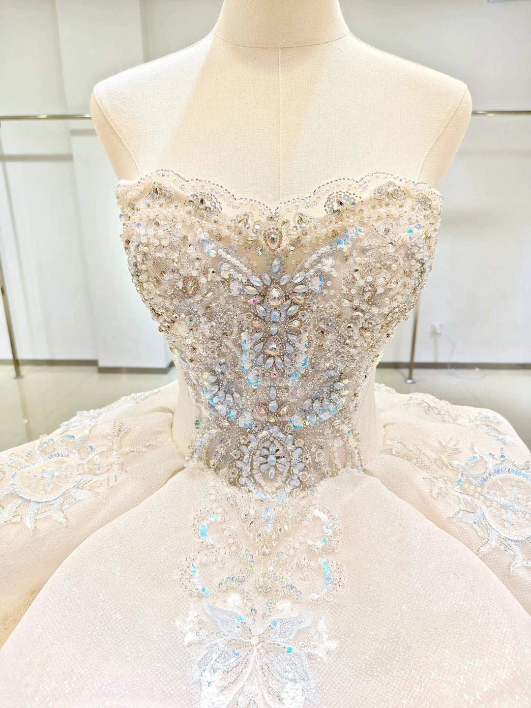 Ivory Glimmer Strapless Ballgown: Iridescent Beaded Bust &amp; Flowing Train by ZAPDRESS