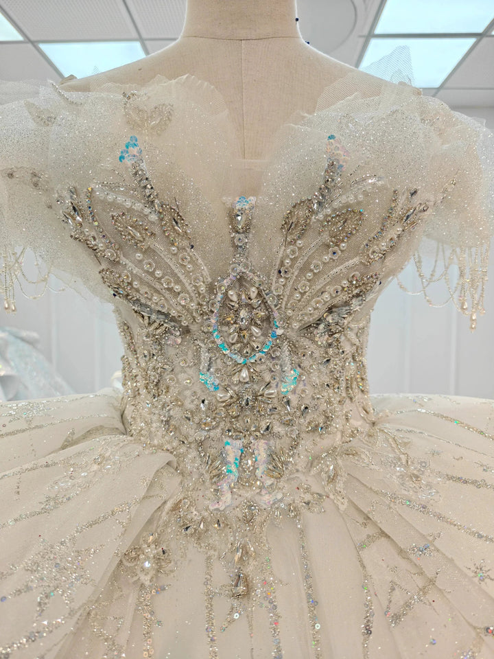 Ivory Starlight Off-Shoulder Ballgown Celestial Sequin Skirt &amp; Beaded Tassel Bodice by ZAPDRESS