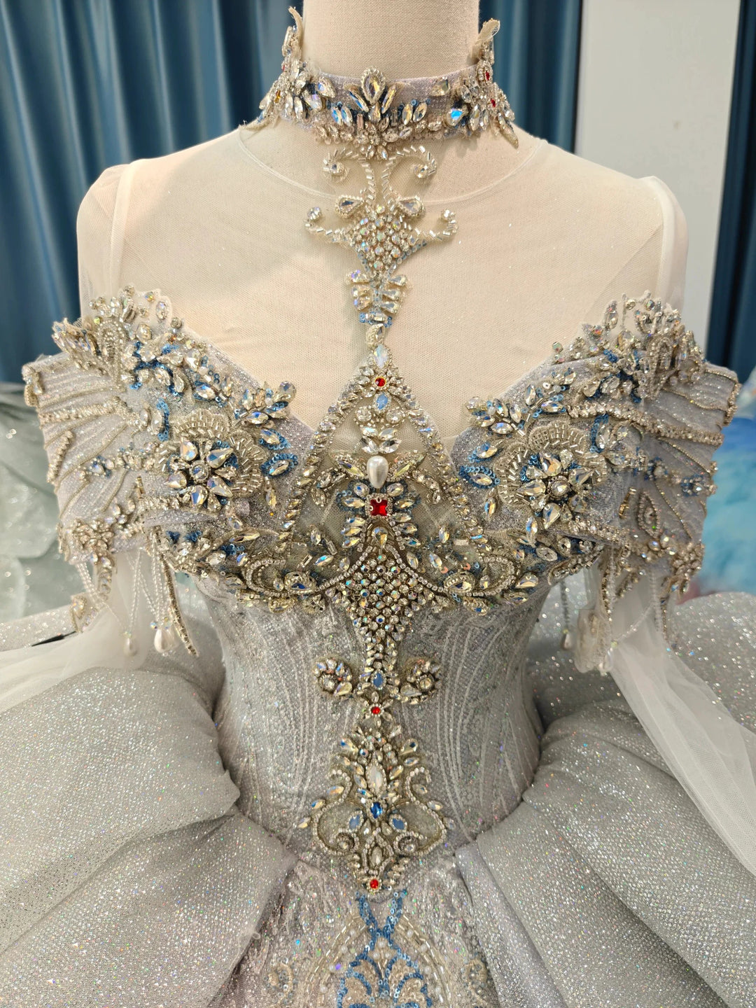 Regal Silver-Gray Off-the-Shoulder Ball Gown Wedding Dress with Crystal Collar, Beaded Embroidery &amp; Tulle Train Ye-2032 by ZAPDRESS