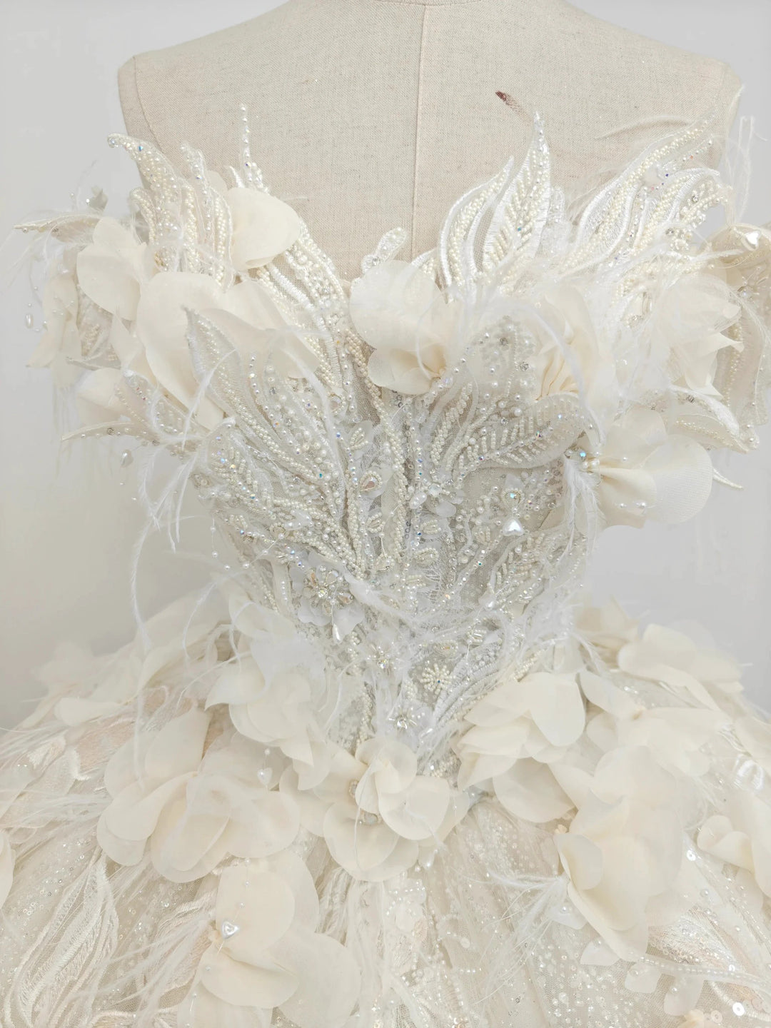 Ethereal Off-the-Shoulder Ball Gown Wedding Dress with 3D Floral Appliqués, Pearl Beading &amp; Glitter Tulle Ye-2038 by ZAPDRESS