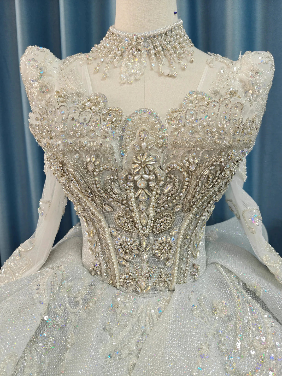 Gorgeous High-Neck Sequin Ball Gown Wedding Dress with Crystal Embroidery &amp; Sheer Long Sleeves Ye-2021 by ZAPDRESS