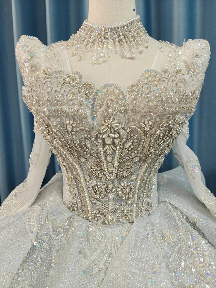 Gorgeous High-Neck Sequin Ball Gown Wedding Dress with Crystal Embroidery &amp; Sheer Long Sleeves Ye-2021 by ZAPDRESS