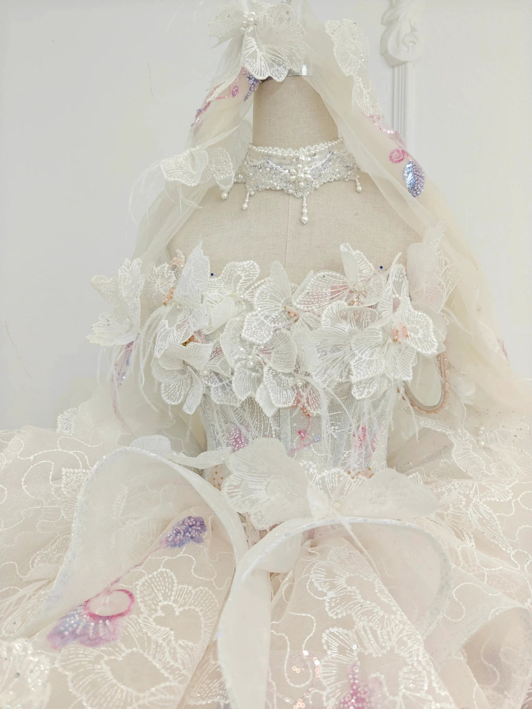 Blush Floral Strapless Ballgown Embroidered Skirt &amp; Tulle Cape by ZAPDRESS