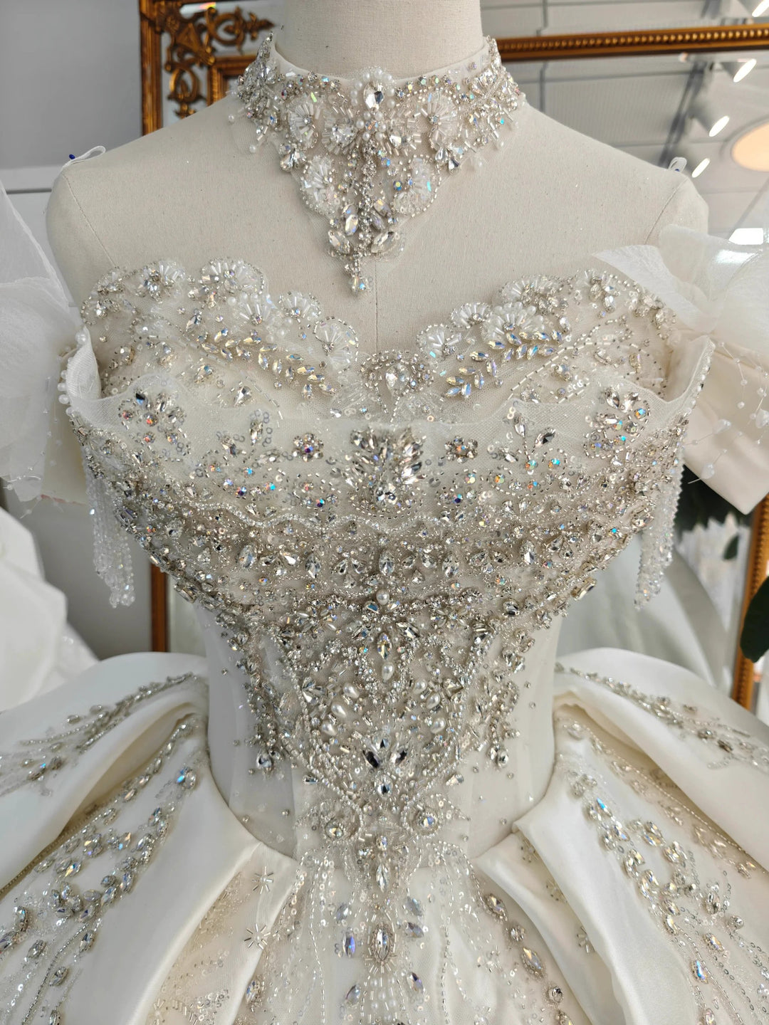 Champagne Glimmer Off-Shoulder Ballgown Crystal-Embroidered Skirt &amp; Fringed Collar by ZAPDRESS