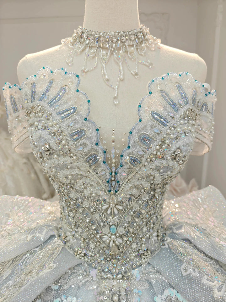 Gorgeous Silver Sequin Off-the-Shoulder Ball Gown Wedding Dress with Crystal Embroidery &amp; Giant Bow Train Ye-2020 by ZAPDRESS