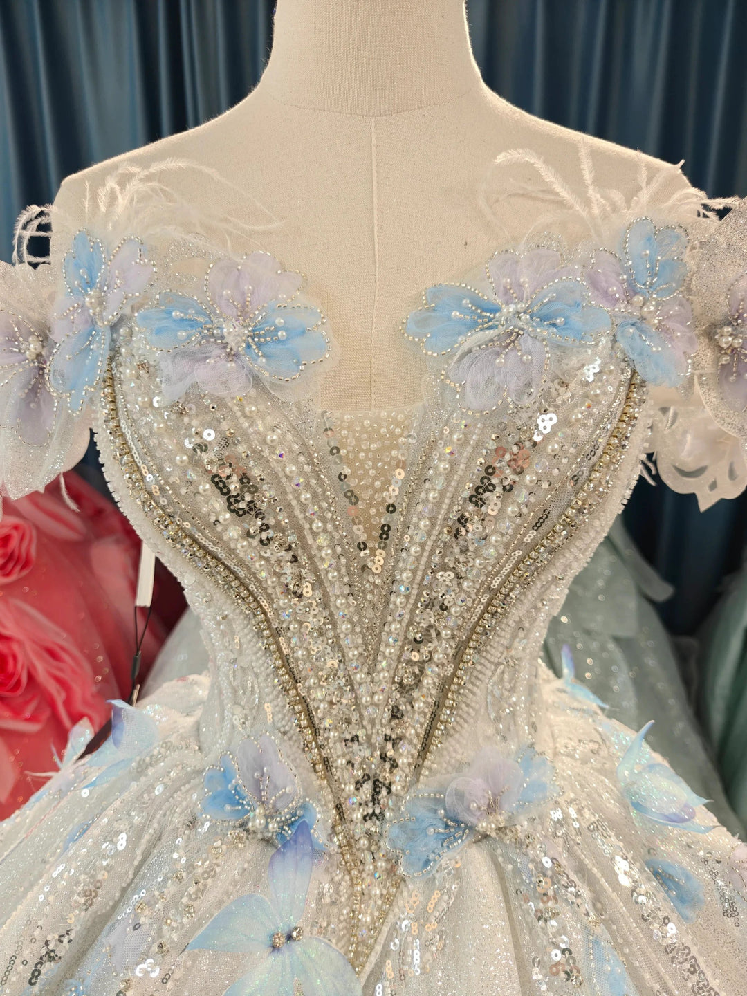 Ethereal Off-the-Shoulder Ball Gown Wedding Dress with Sequin Tulle, 3D Pastel Florals &amp; Feather Accents Ye-2028 by ZAPDRESS
