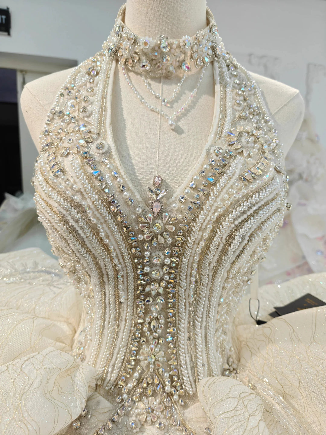 Lavish Halter-Neck Ball Gown Wedding Dress with Pearl Crystal Embroidery &amp; Ruffled Tulle Skirt Ye-2034 by ZAPDRESS