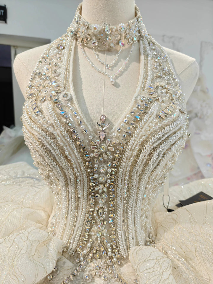 Lavish Halter-Neck Ball Gown Wedding Dress with Pearl Crystal Embroidery &amp; Ruffled Tulle Skirt Ye-2034 by ZAPDRESS