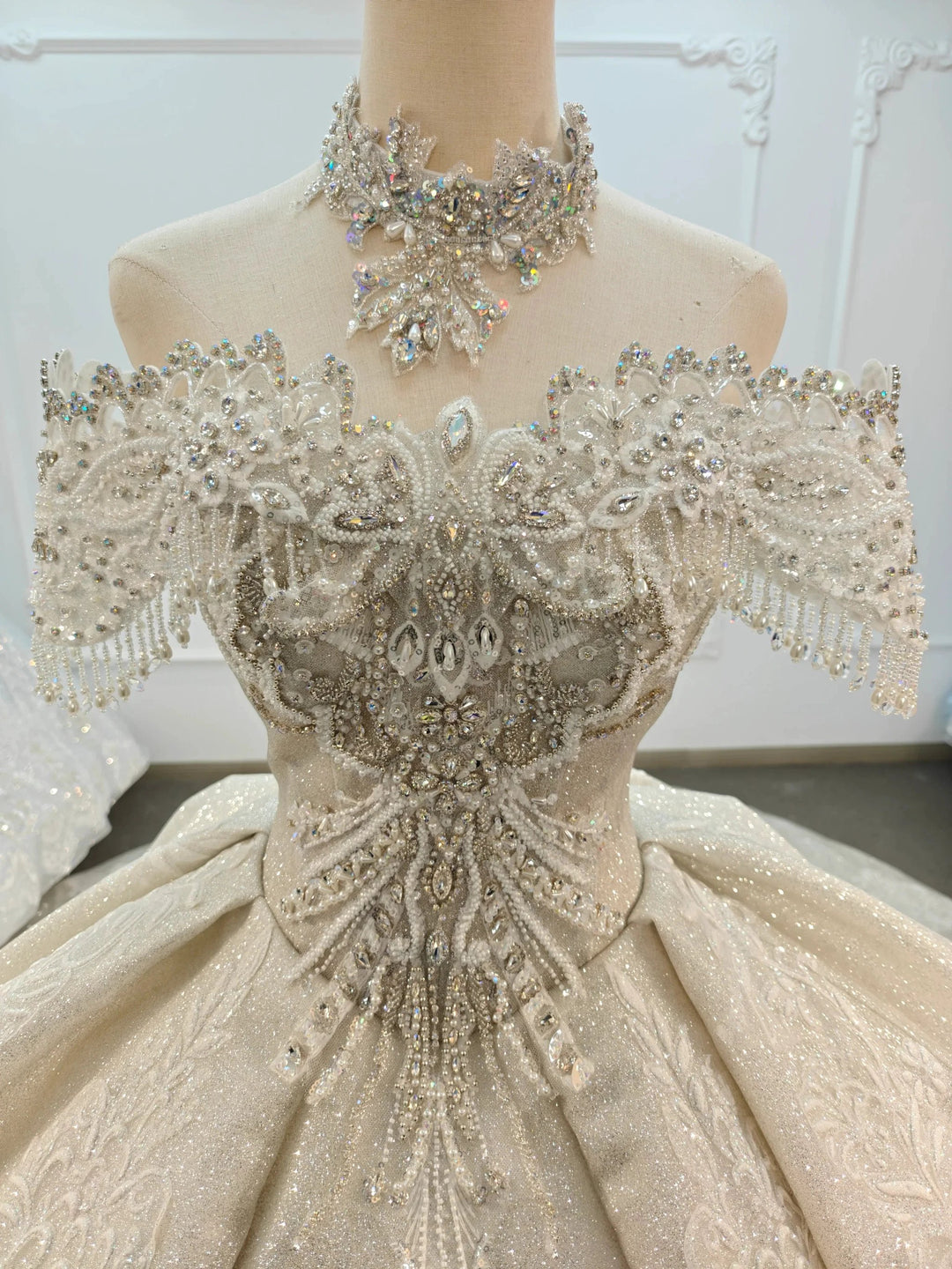 Champagne Glimmer Off-Shoulder Ballgown Crystal Fringe Bust &amp; Embroidered Train by ZAPDRESS