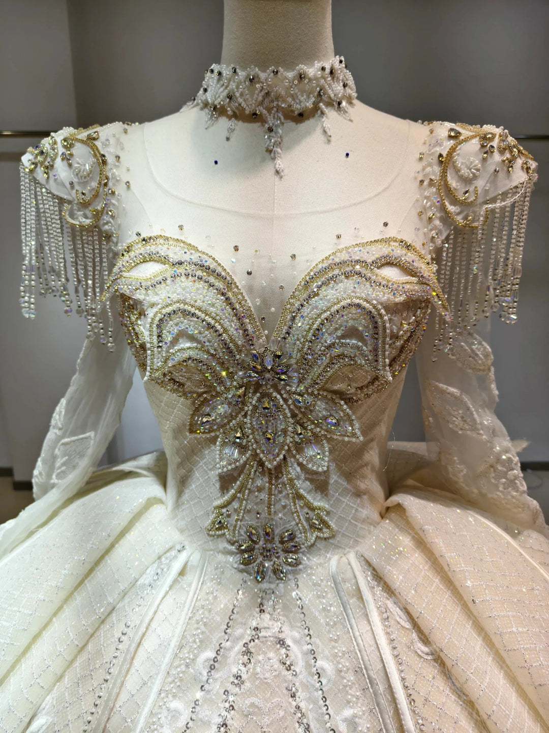 Ivory Gilded Butterfly Ballgown Crystal-Embroidered Bust &amp; Fringed Collar by ZAPDRESS