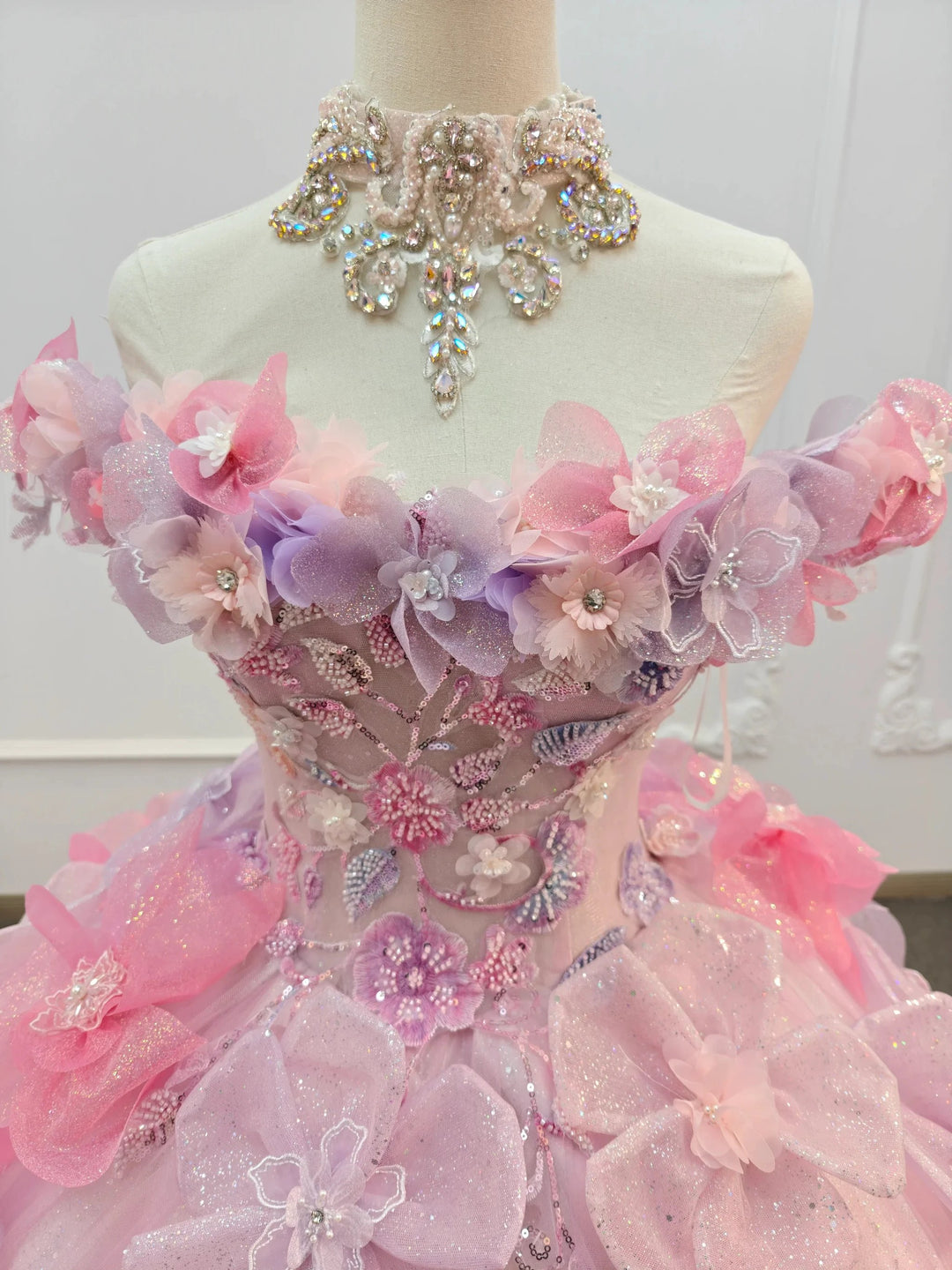 Enchanting Pastel Pink &amp; Purple Off-the-Shoulder Ball Gown Wedding Dress with 3D Glitter Flowers &amp; Crystal Collar Ye-2027 by ZAPDRESS