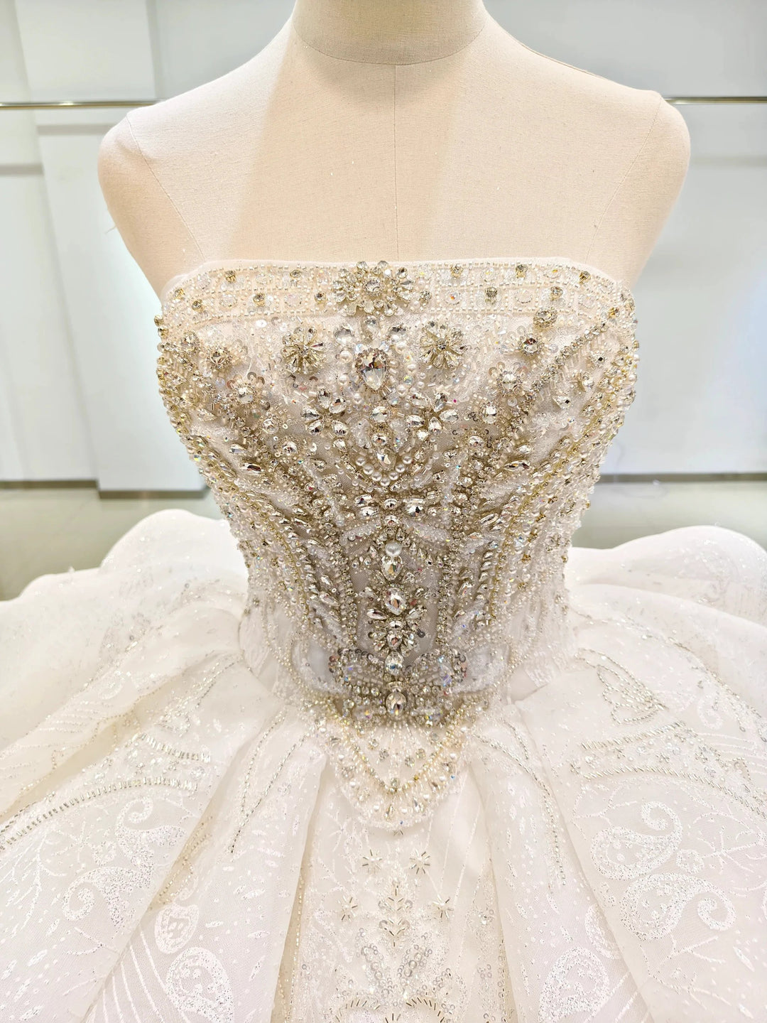 White Gleam Strapless Ballgown Beaded Bust &amp; Ruffled Train by ZAPDRESS