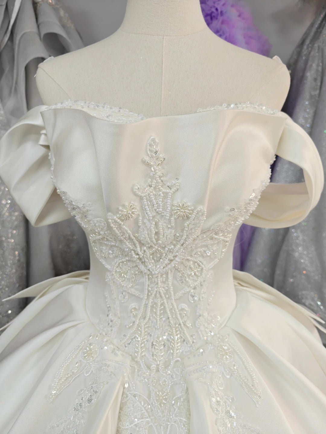 Ivory Lustre Off-Shoulder Ballgown Pearl-Embroidered Bodice &amp; Cathedral Satin Train by ZAPDRESS