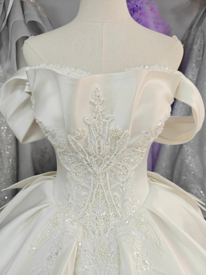 Ivory Lustre Off-Shoulder Ballgown Pearl-Embroidered Bodice &amp; Cathedral Satin Train by ZAPDRESS