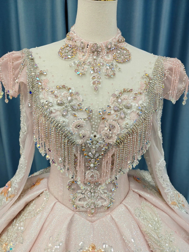 Lavish Blush Pink High-Neck Ball Gown Wedding Dress with Beaded Fringe &amp; 3D Floral Embroidery Ye-2026 by ZAPDRESS