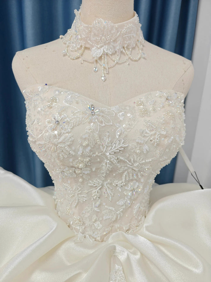 Ivory Lace Strapless Ballgown Choker Collar &amp; Bow Skirt by ZAPDRESS