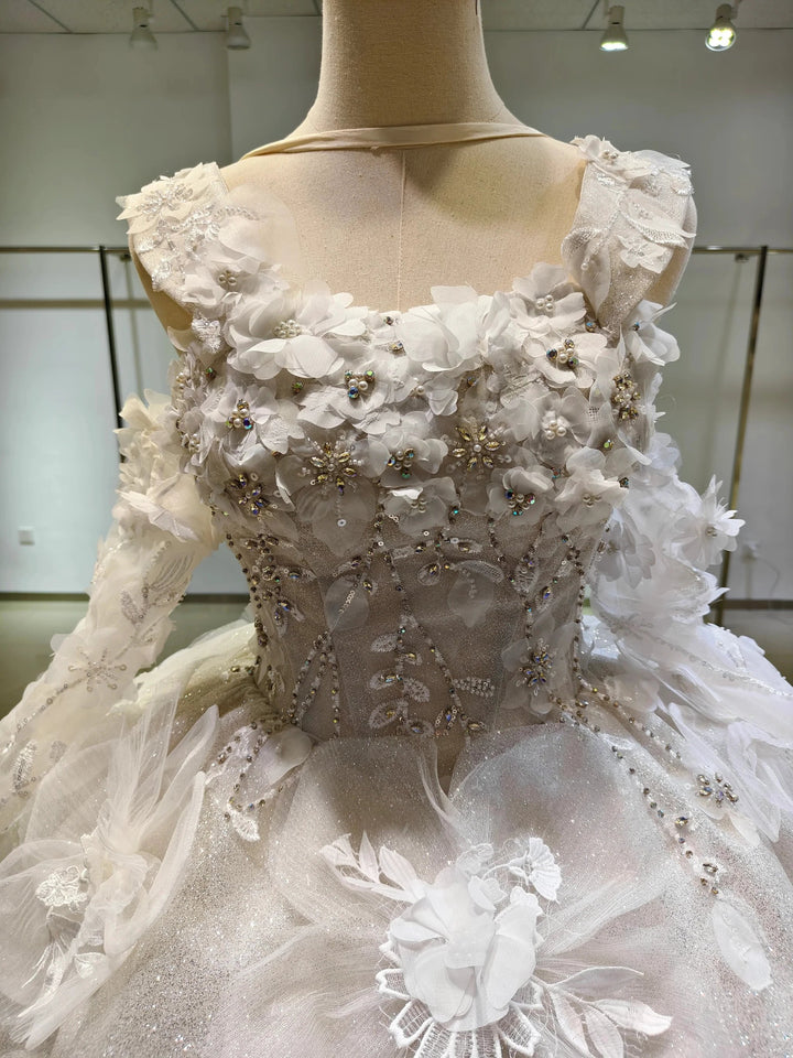 Ivory Petal Whisper Ballgown Organza Floral Bust &amp; Bloom Train by ZAPDRESS