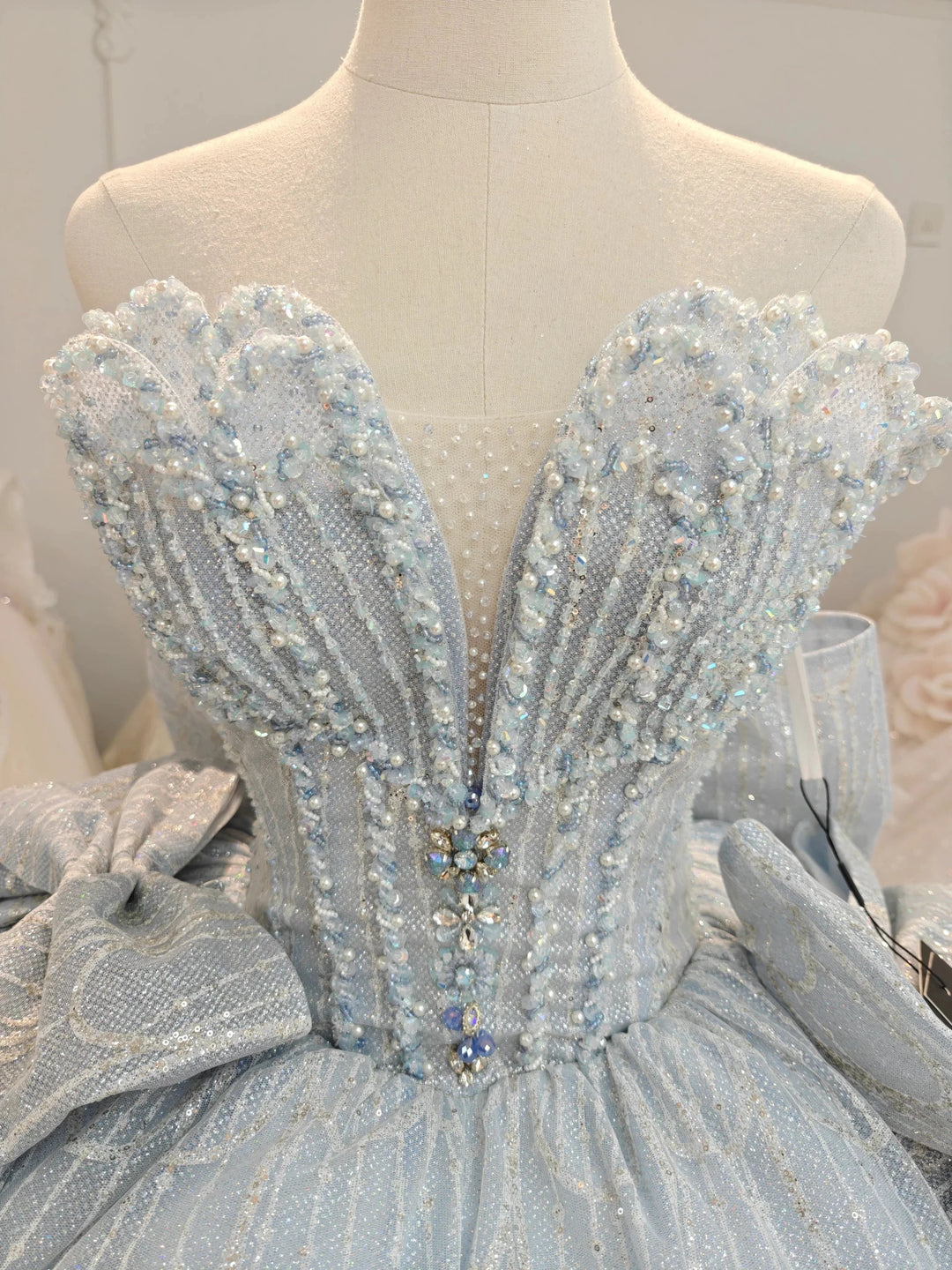 Dreamy Light Blue Sweetheart Ball Gown Wedding Dress with Sequin Tulle, Pearl Beading &amp; Oversized Bow Ye-2029 by ZAPDRESS