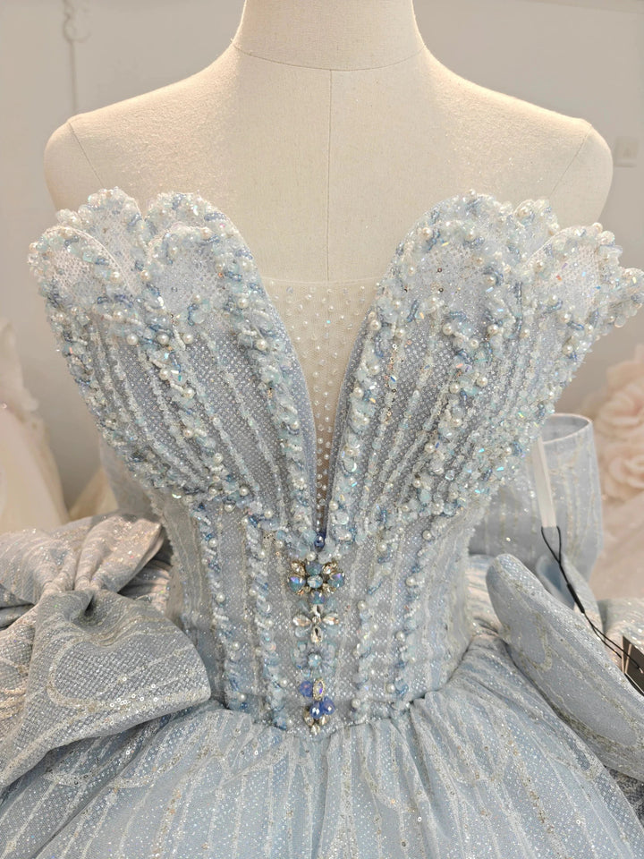 Dreamy Light Blue Sweetheart Ball Gown Wedding Dress with Sequin Tulle, Pearl Beading &amp; Oversized Bow Ye-2029 by ZAPDRESS