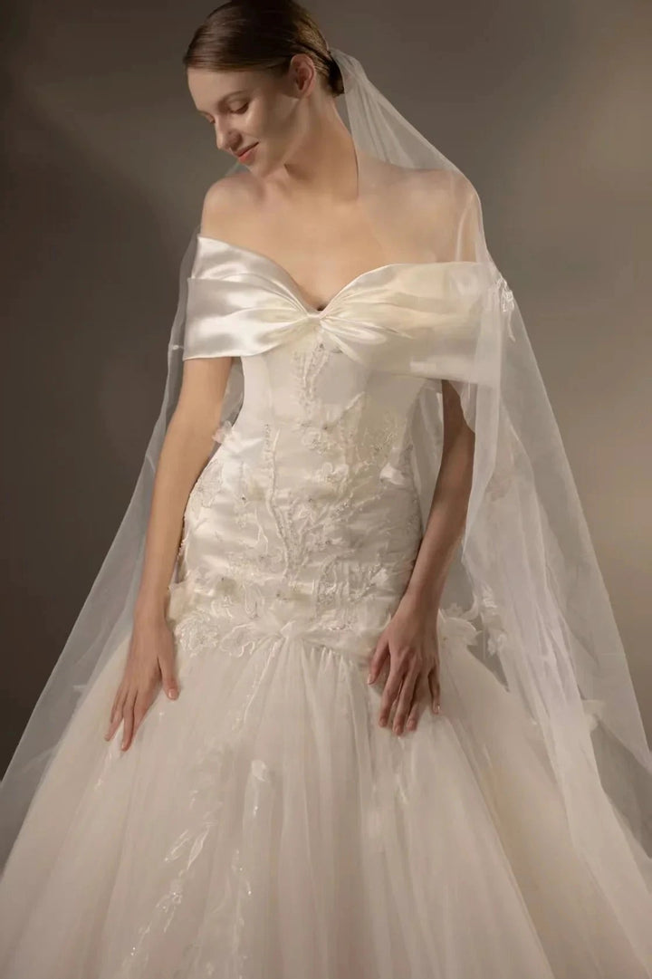 Gorgeous Long Ball Gown Off-the-Shoulder Satin &amp; Tulle Wedding Dress with 3D Embroidery &amp; Cathedral Train Q6013 by ZAPDRESS