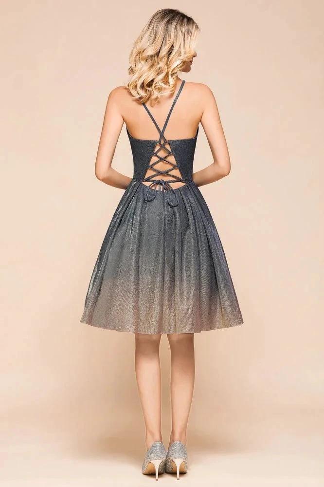 Elagant Spaghetti Straps Bronzing Knee Length Evening Party Dress Deep V-Neck Backless Prom Dress with Pocket by misshow.com