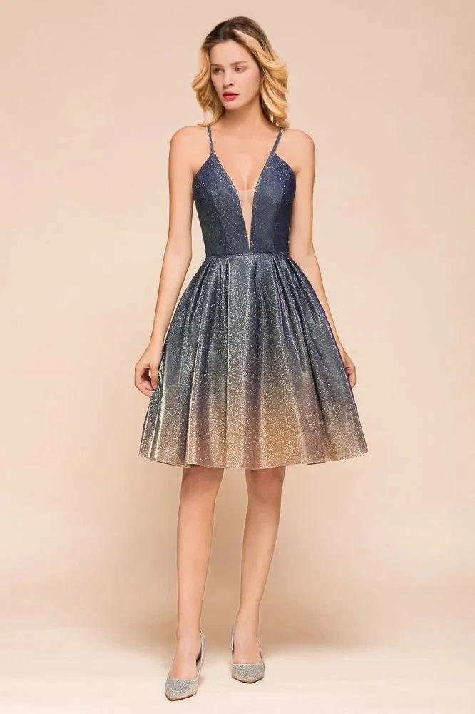 Elagant Spaghetti Straps Bronzing Knee Length Evening Party Dress Deep V-Neck Backless Prom Dress with Pocket by misshow.com