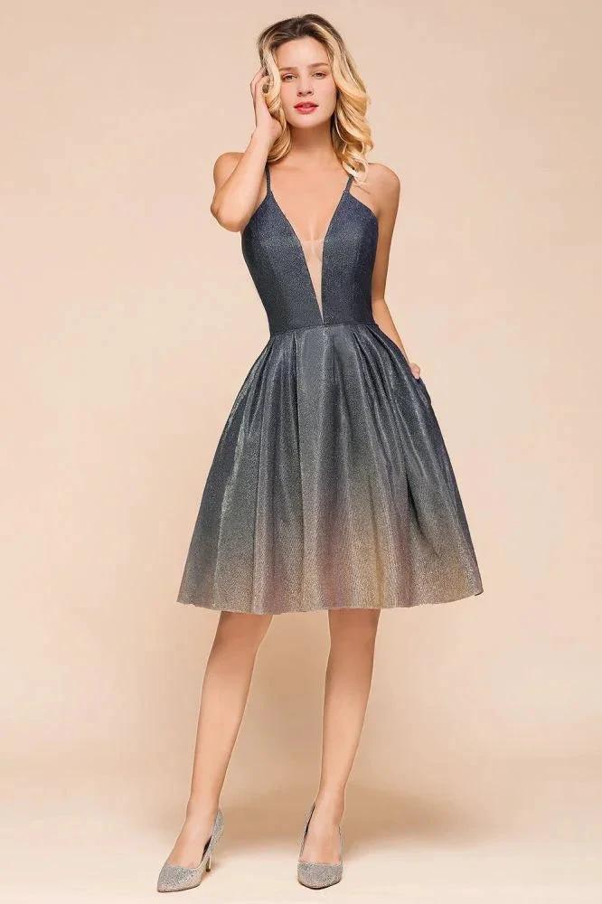 Elagant Spaghetti Straps Bronzing Knee Length Evening Party Dress Deep V-Neck Backless Prom Dress with Pocket by misshow.com