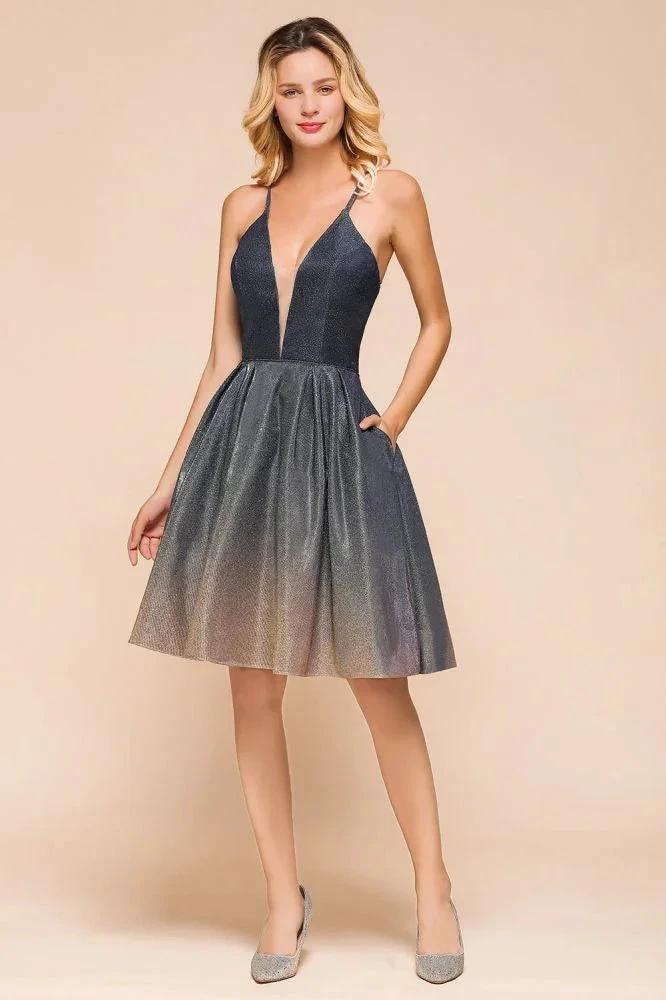 Elagant Spaghetti Straps Bronzing Knee Length Evening Party Dress Deep V-Neck Backless Prom Dress with Pocket by misshow.com