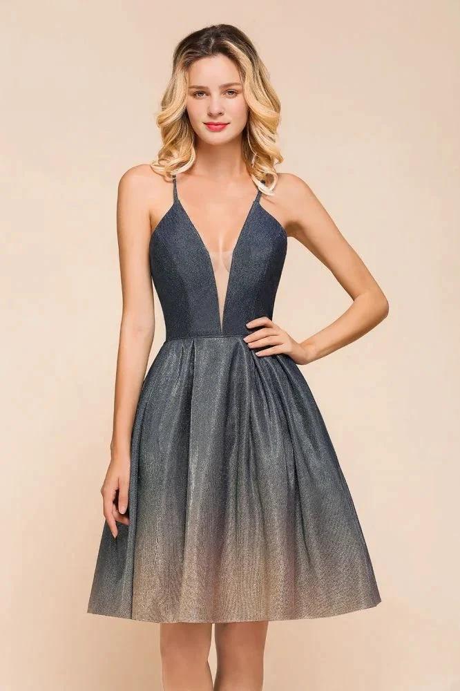 Elagant Spaghetti Straps Bronzing Knee Length Evening Party Dress Deep V-Neck Backless Prom Dress with Pocket by misshow.com