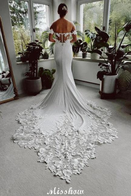 Eleagnt Long White Mermaid Off-the-shoulder Lace Wedding Dress with Train by misshow.com